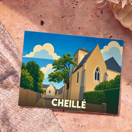 Carte postale souvenir de la ville de Cheillé avec une illustration stylisée de son église et d'un arbre remarquable.