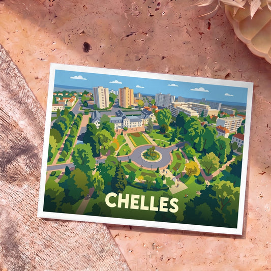 Carte postale souvenir de la ville de Chelles illustrant un parc arboré et son architecture urbaine dans un style coloré.