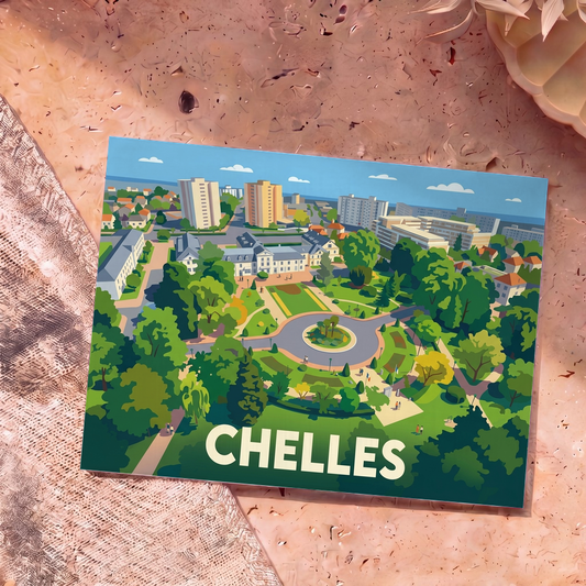 Carte postale souvenir de la ville de Chelles illustrant un parc arboré et son architecture urbaine dans un style coloré.