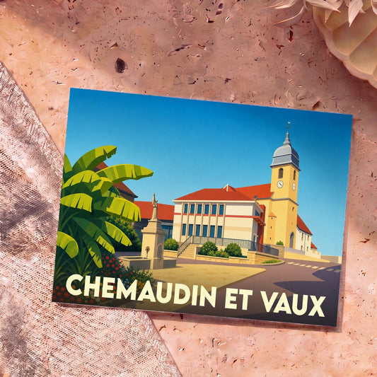 Carte postale souvenir de la commune de Chemaudin et Vaux présentant une illustration stylisée de sa place centrale.