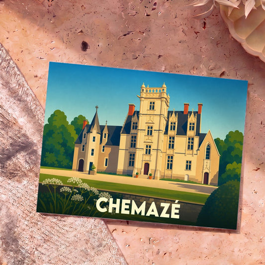 Carte postale souvenir de la ville de Chemazé représentant une illustration stylisée de son château.