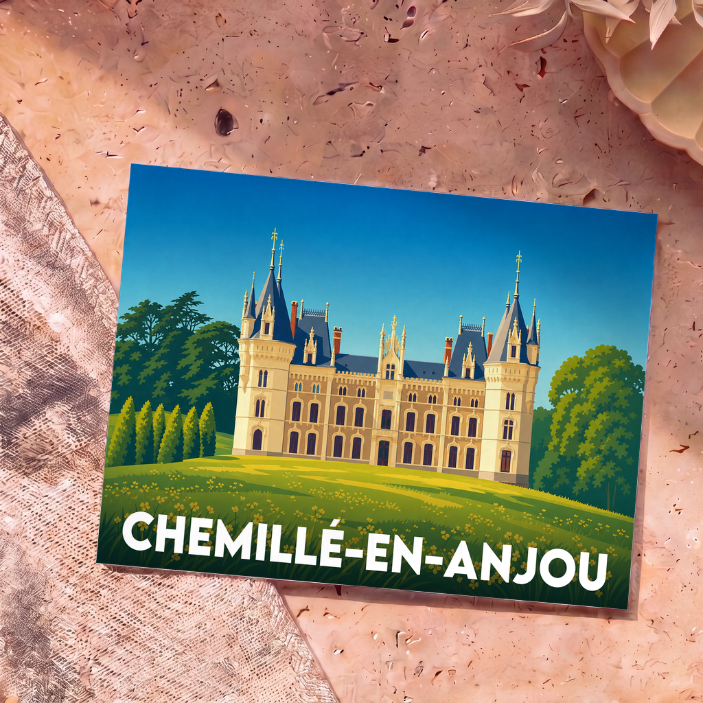 Carte postale souvenir de la ville de Chemillé-en-Anjou avec une illustration stylisée de son château.