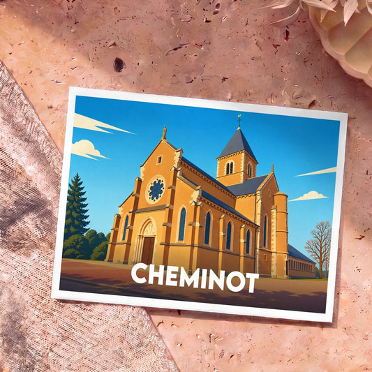 Carte postale souvenir de la ville de Cheminot avec une illustration stylisée de son église.