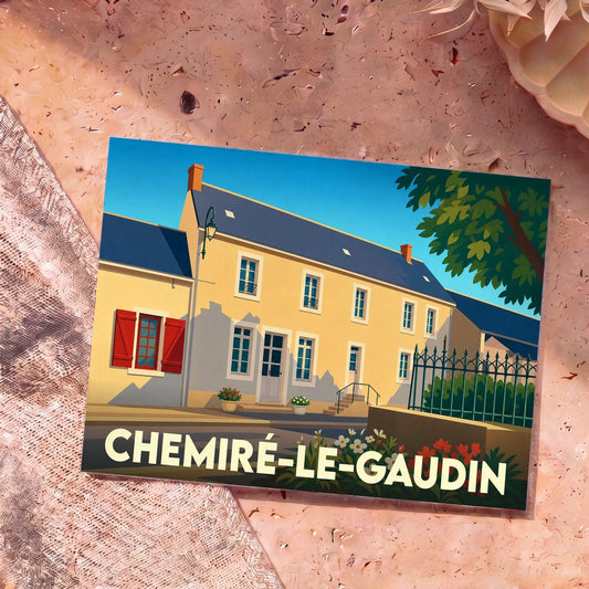 Carte postale souvenir de la ville de Chemiré-le-Gaudin avec une illustration stylisée d'une maison de village.