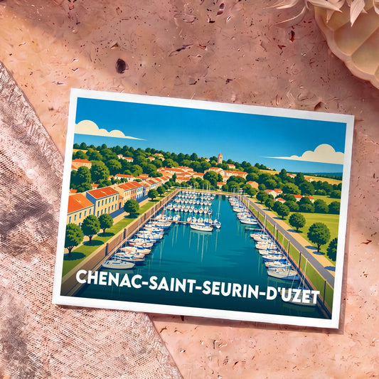 Carte postale souvenir de la ville de Chenac-Saint-Seurin-d'Uzet avec une illustration stylisée de son port.