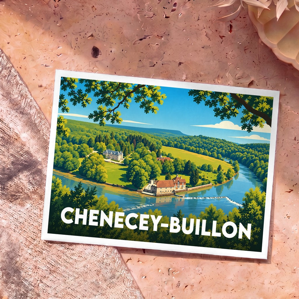 Carte postale souvenir de la ville de Chenecey-Buillon avec une illustration stylisée de ses paysages et monuments.