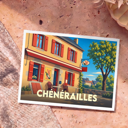 Carte postale souvenir de la ville de Chénérailles illustrant une façade de restaurant pittoresque dans un style graphique épuré.