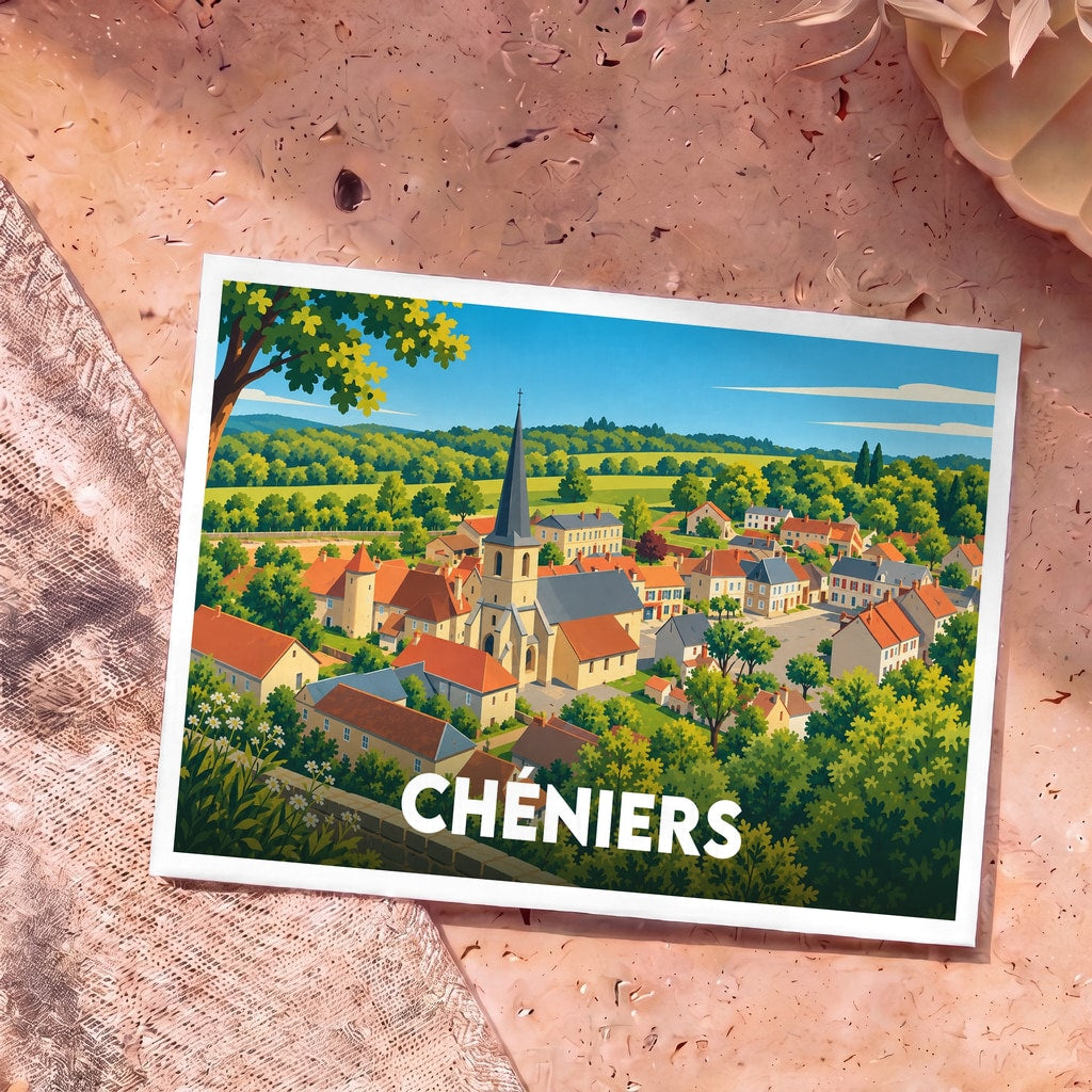 Carte postale souvenir de la ville de Chéniers avec une illustration stylisée de son église et de ses maisons entourées de verdure.