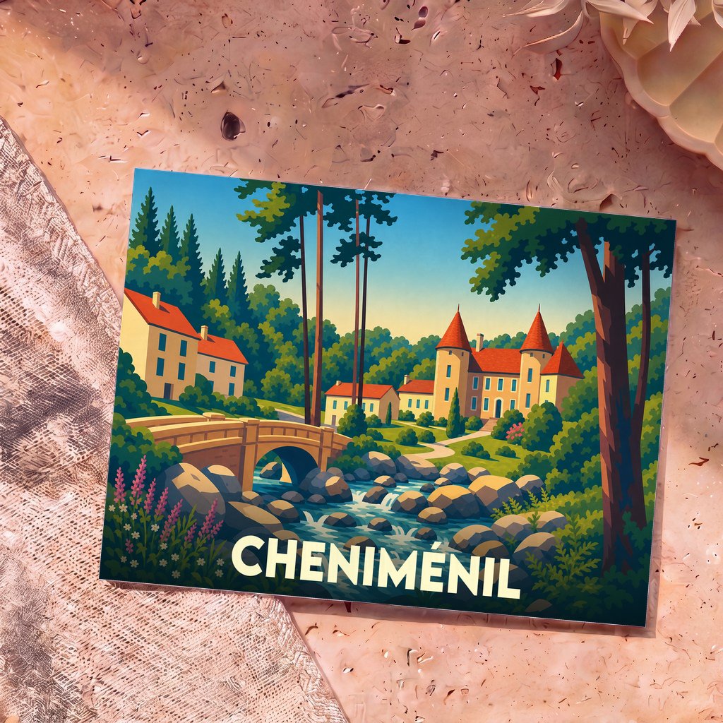 Carte postale souvenir de la ville de Cheniménil avec une illustration stylisée représentant un château, un pont et une rivière.
