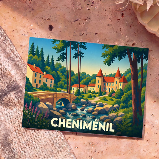 Carte postale souvenir de la ville de Cheniménil avec une illustration stylisée représentant un château, un pont et une rivière.