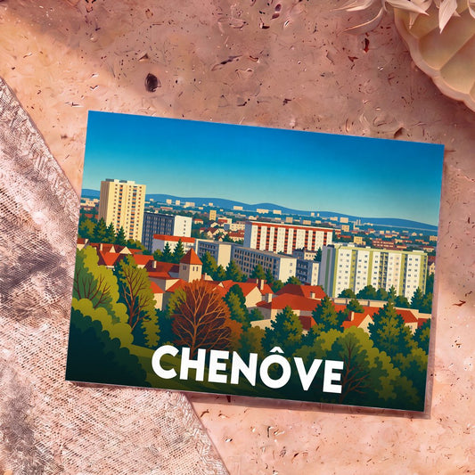 Carte postale souvenir de la ville de Chenôve avec une illustration stylisée et colorée de son paysage urbain.
