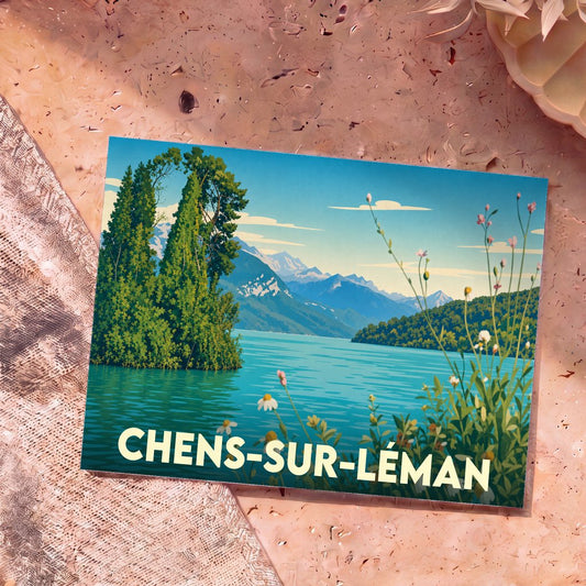 Carte postale souvenir de la ville de Chens-sur-Léman avec une illustration stylisée d'un paysage de lac et de montagnes.