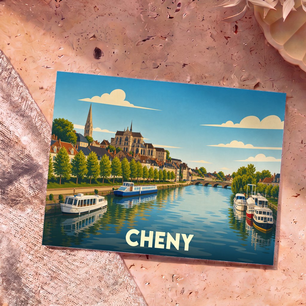 Carte postale souvenir de la ville de Cheny avec une illustration stylisée représentant les quais de l'Yonne et son église.