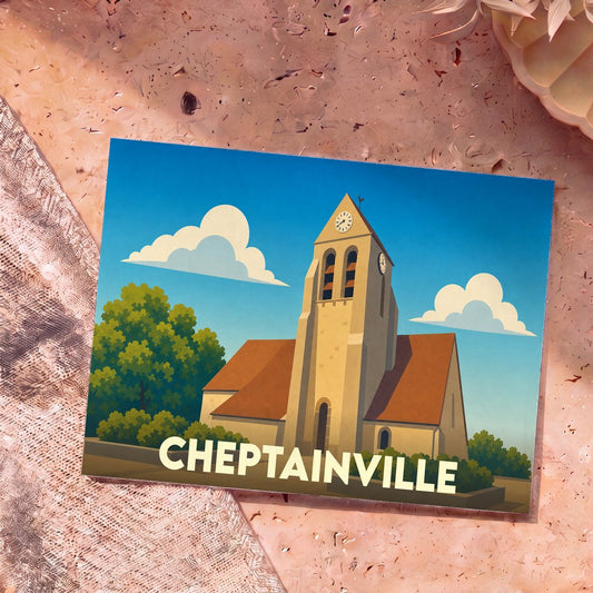 Carte postale souvenir de la ville de Cheptainville avec une illustration stylisée de son église.