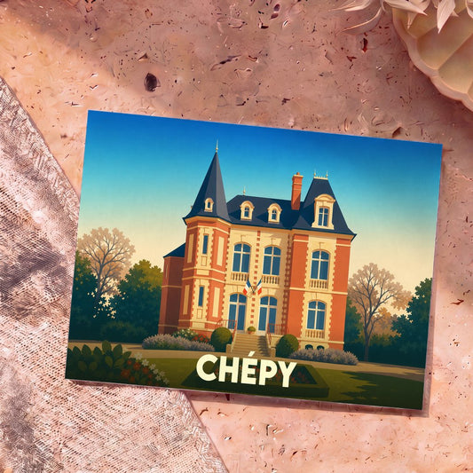 Carte postale souvenir de la ville de Chépy avec une illustration stylisée d'un château.