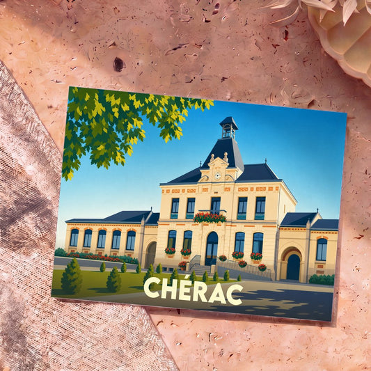 Carte postale souvenir de la ville de Chérac avec une illustration stylisée de son hôtel de ville.