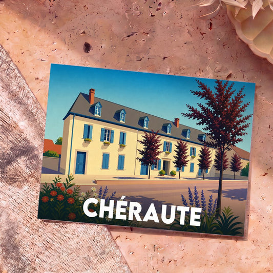 Carte postale souvenir de la ville de Chéraute avec une illustration stylisée d'un bâtiment traditionnel aux volets bleus.
