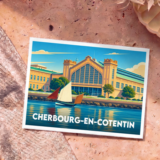 Carte postale souvenir de la ville de Cherbourg-en-Cotentin avec une illustration stylisée du front de mer et de la Cité de la Mer.