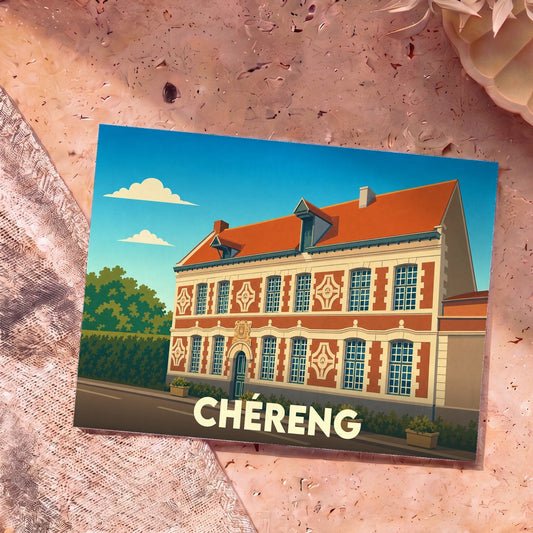 Carte postale souvenir de la ville de Chéreng illustrant une bâtisse traditionnelle en briques avec un style graphique épuré.