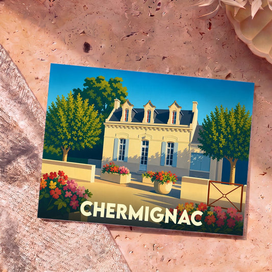 Carte postale souvenir de la ville de Chermignac illustrant une maison charentaise traditionnelle entourée de fleurs.