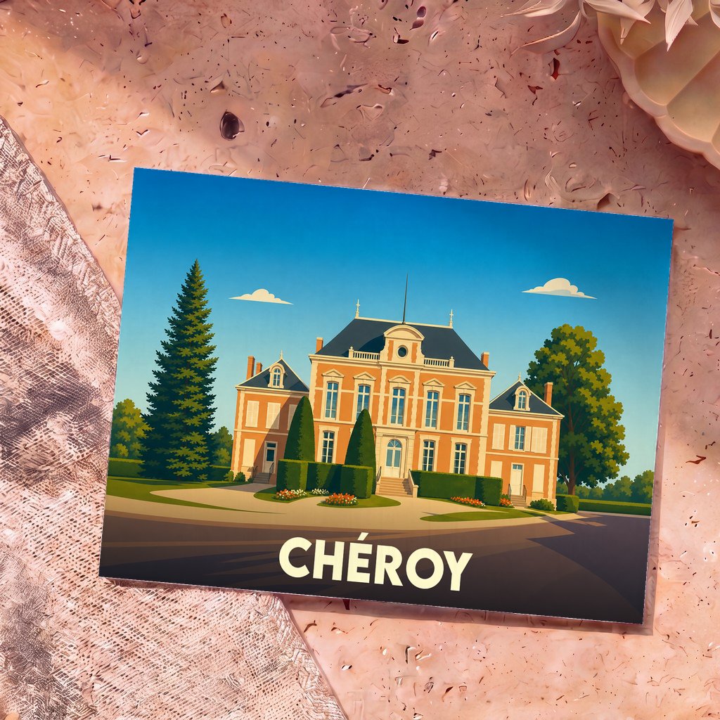 Carte postale souvenir de la ville de Chéroy avec une illustration stylisée d'un château.