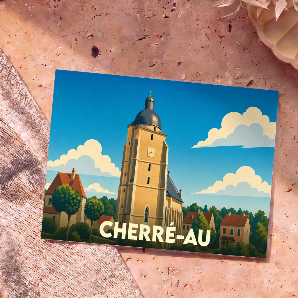 Carte postale souvenir de la ville de Cherré-Au illustrant l'église locale dans un style graphique épuré.