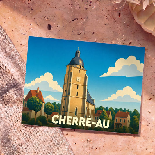 Carte postale souvenir de la ville de Cherré-Au illustrant l'église locale dans un style graphique épuré.
