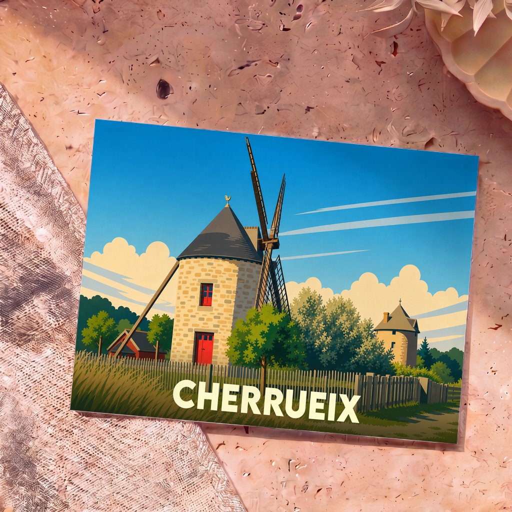 Carte postale souvenir de la ville de Cherrueix illustrant ses moulins à vent de façon stylisée.