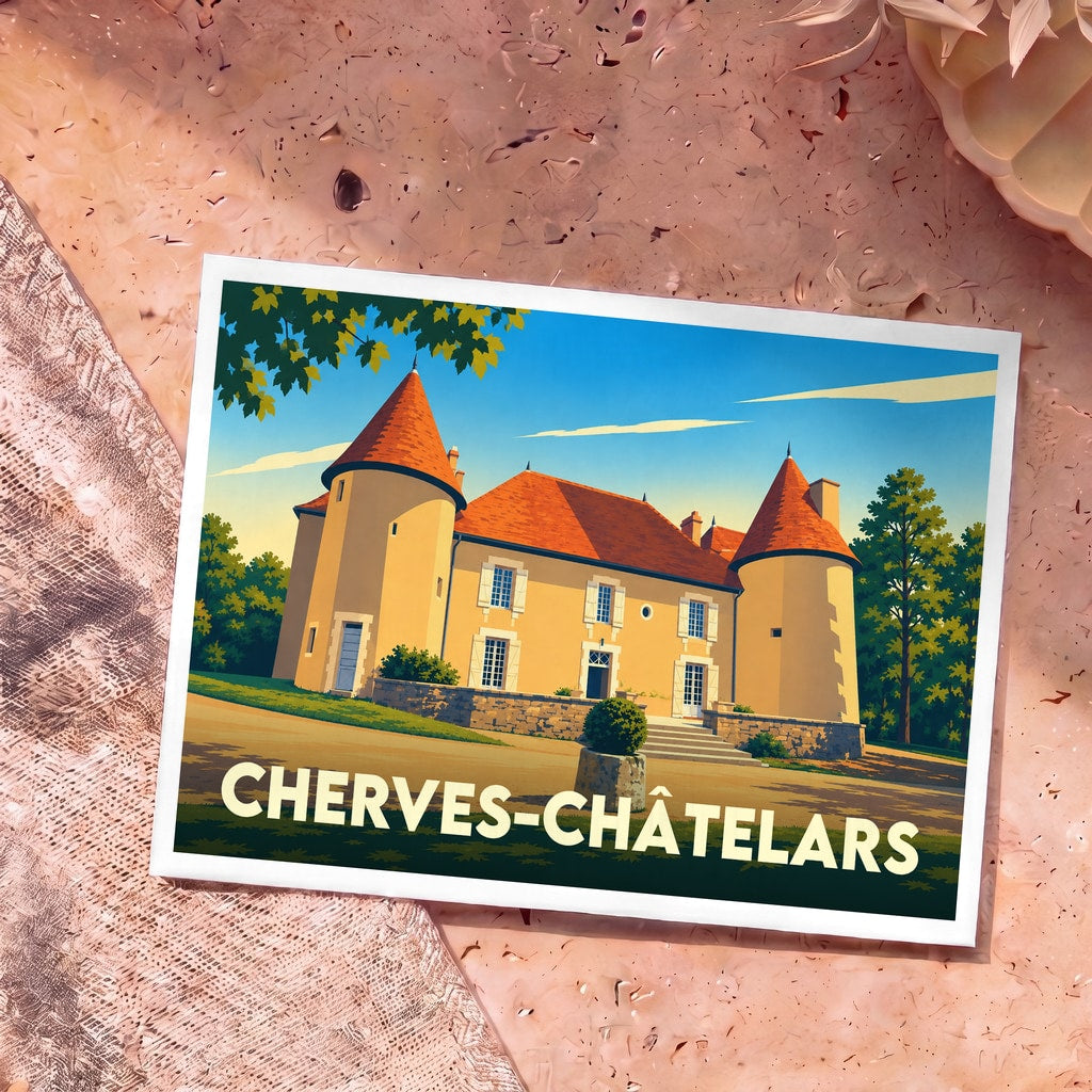 Carte postale souvenir de la ville de Cherves-Châtelars avec une illustration stylisée de son château.
