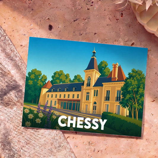 Carte postale souvenir de la ville de Chessy avec une illustration stylisée de son château.