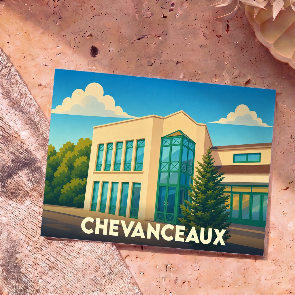 Carte postale souvenir de la ville de Chevanceaux avec une illustration stylisée de l'architecture locale.