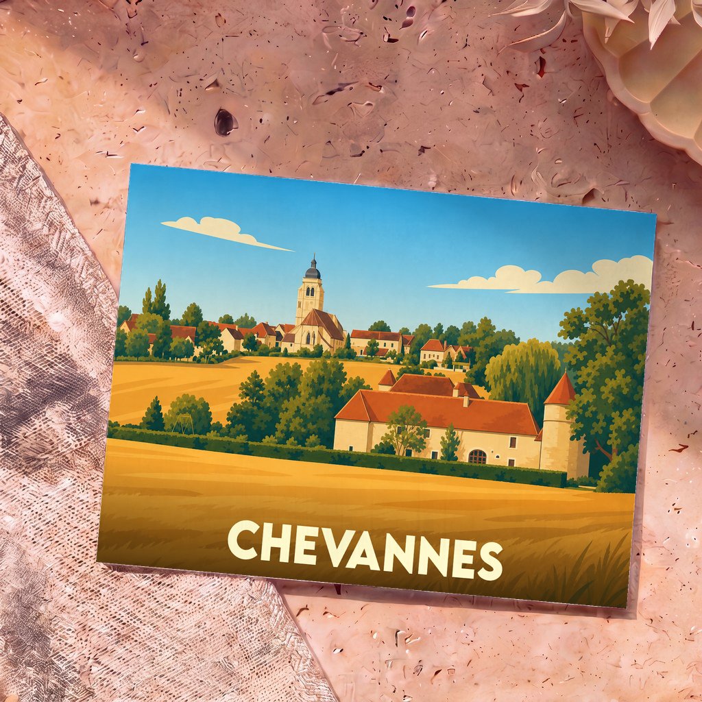 Carte postale souvenir de la ville de Chevannes illustrée d'un paysage de campagne stylisé.