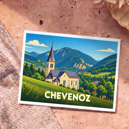 Carte postale souvenir de la ville de Chevenoz avec une illustration stylisée de son église au cœur d'un paysage de montagne.