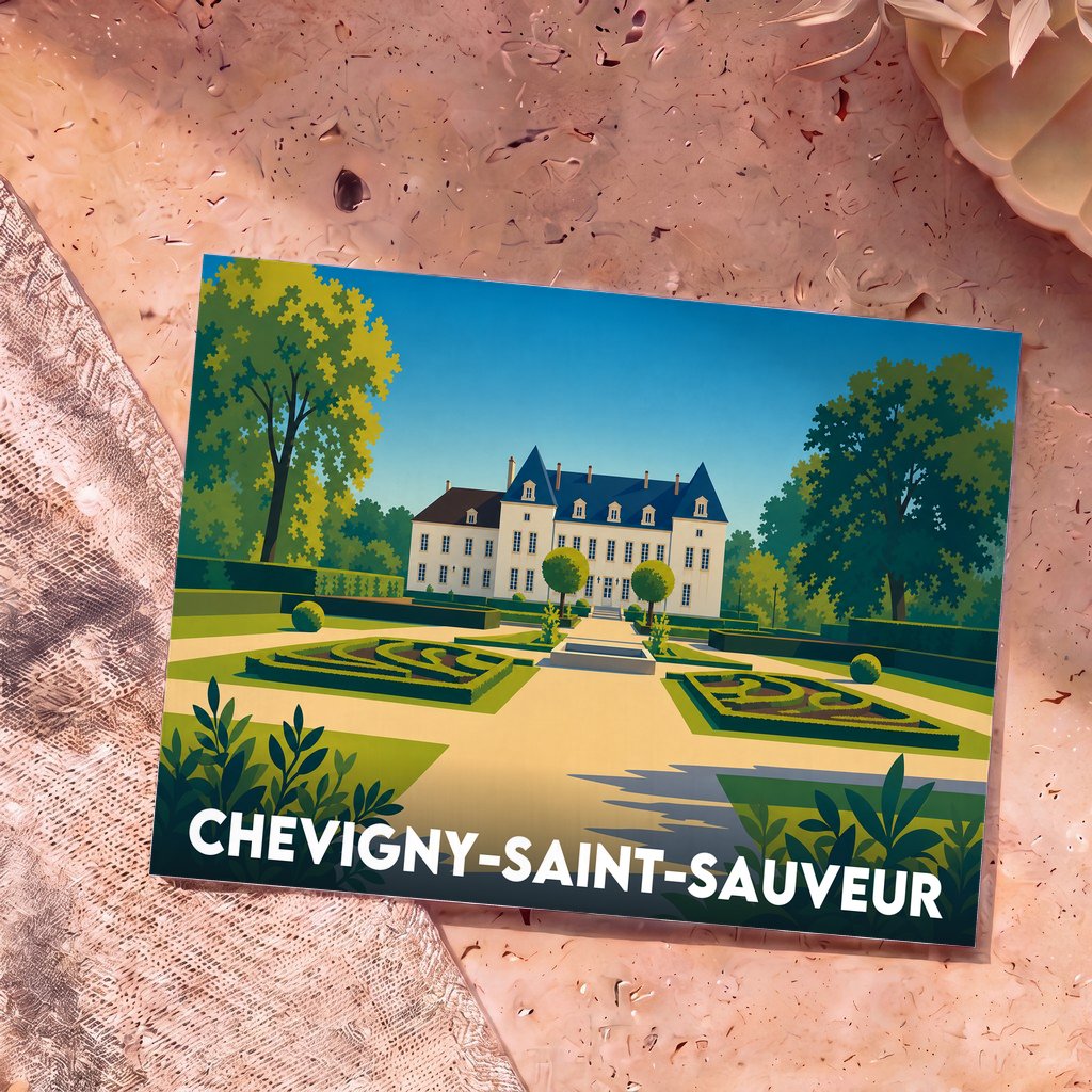 Carte postale souvenir de Chevigny-Saint-Sauveur avec une illustration stylisée d'un château et de ses jardins à la française.