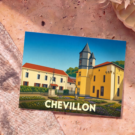Carte postale souvenir de la ville de Chevillon avec une illustration stylisée de ses bâtiments historiques et de ses jardins.