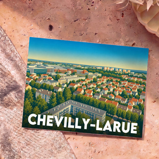 Carte postale souvenir de la ville de Chevilly-Larue avec une illustration stylisée d'un quartier résidentiel verdoyant.