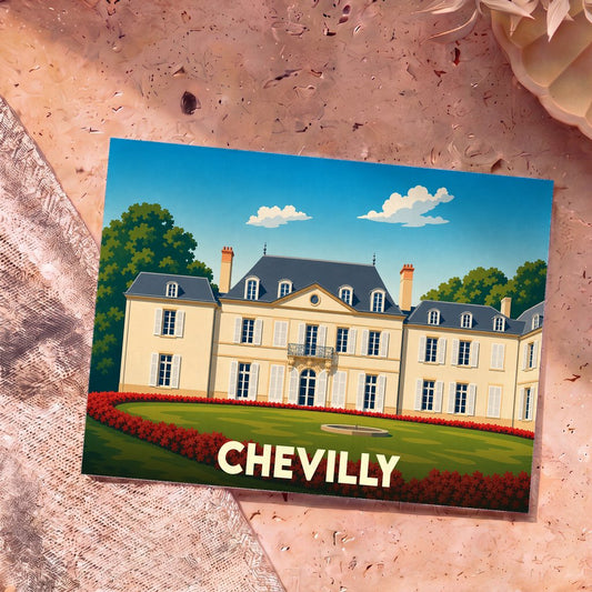 Carte postale souvenir de la ville de Chevilly avec une illustration stylisée de son château.