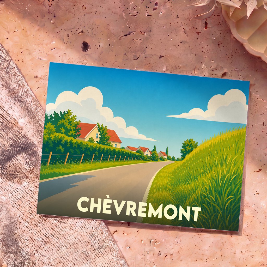 Carte postale souvenir de la ville de Chèvremont avec une illustration stylisée d'une route de campagne verdoyante.