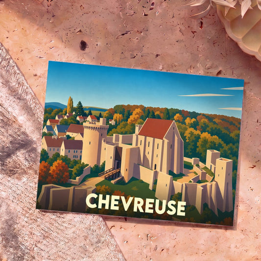 Carte postale souvenir de la ville de Chevreuse avec une illustration stylisée de son château médiéval.