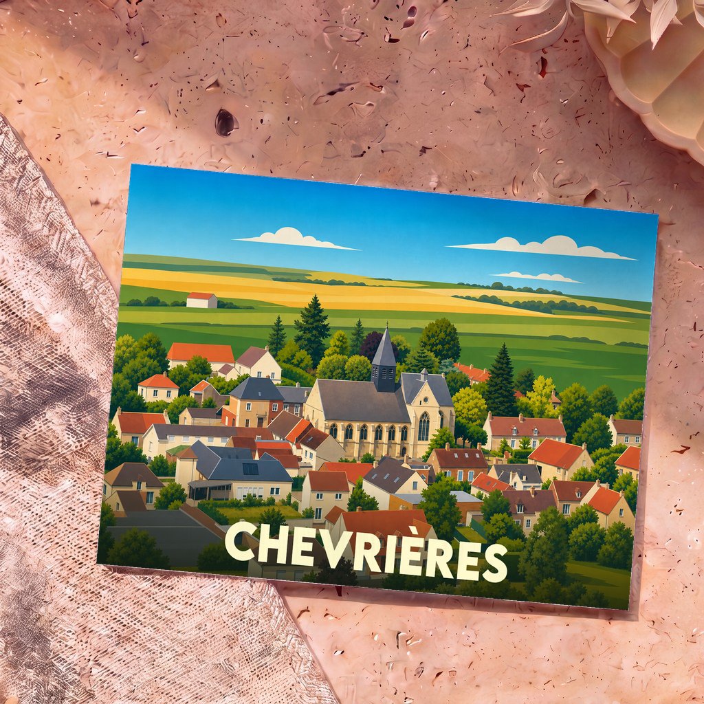 Carte postale souvenir de la ville de Chevrières illustrant son église et ses maisons dans un style graphique épuré.