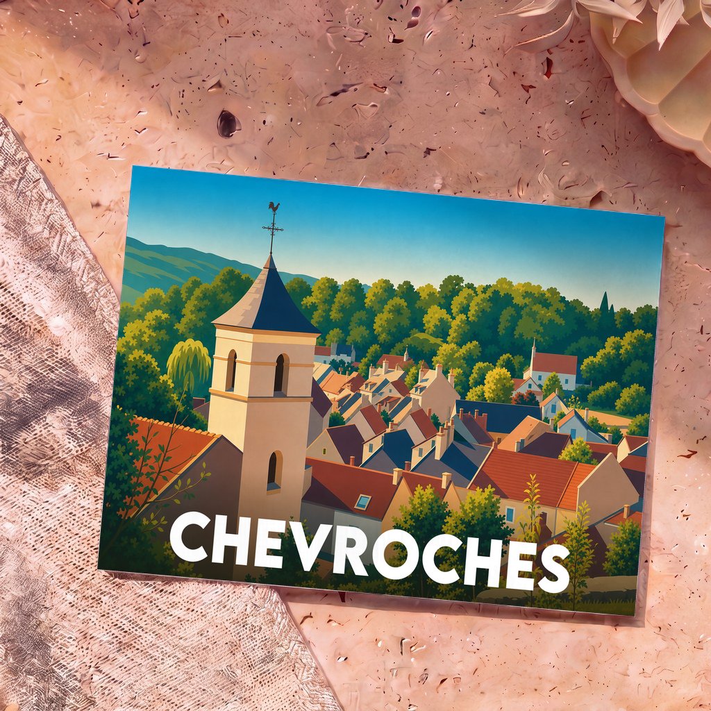 Carte postale souvenir de la ville de Chevroches avec une illustration colorée et stylisée de ses toits et de son clocher.