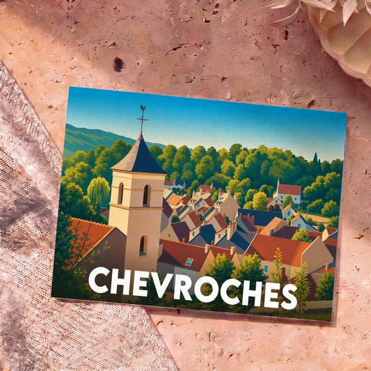 Carte postale souvenir de la ville de Chevroches avec une illustration colorée et stylisée de ses toits et de son clocher.