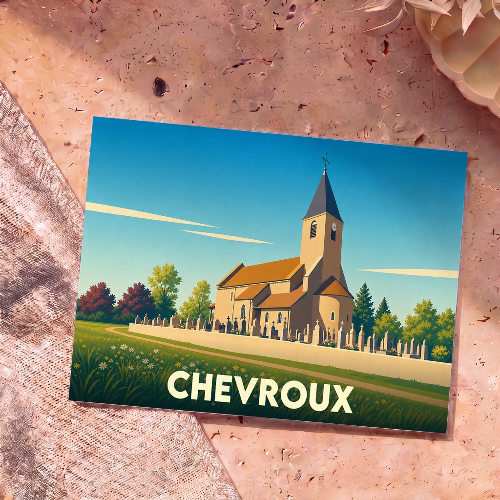 Carte postale souvenir de la ville de Chevroux avec une illustration stylisée de son église.