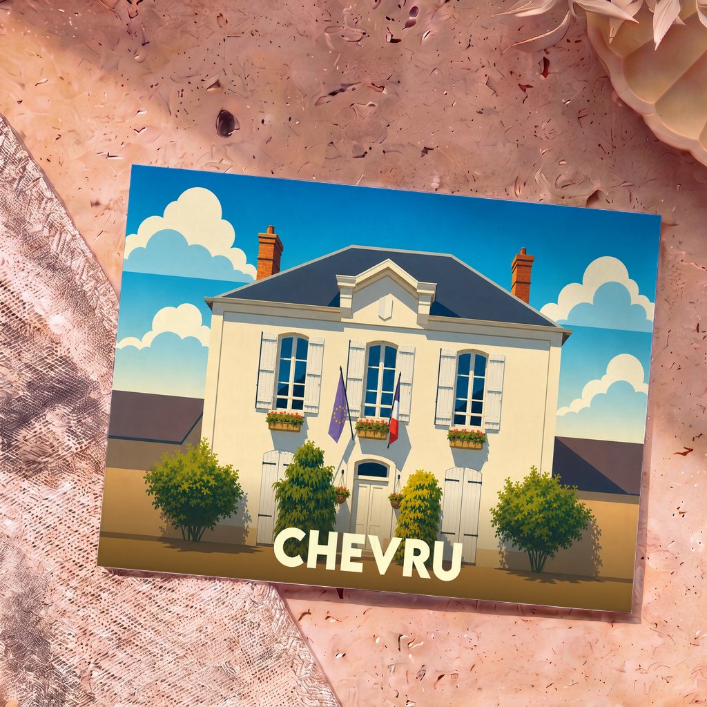 Carte postale souvenir de la ville de Chevru avec une illustration stylisée de sa mairie.