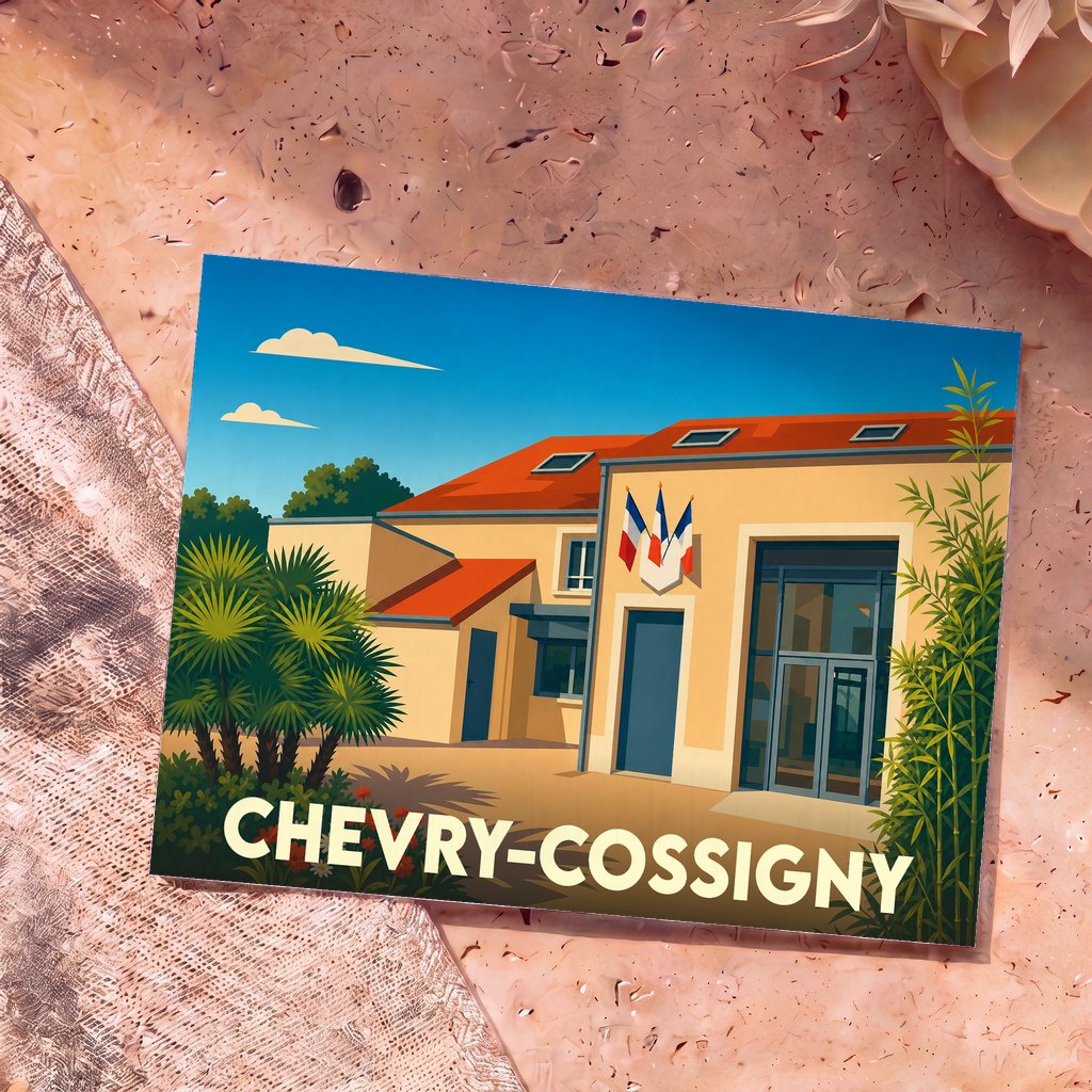 Carte postale souvenir de la ville de Chevry-Cossigny avec une illustration stylisée de sa mairie.