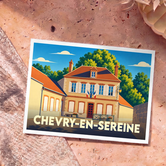 Carte postale souvenir de la ville de Chevry-en-Sereine avec une illustration stylisée de la mairie.