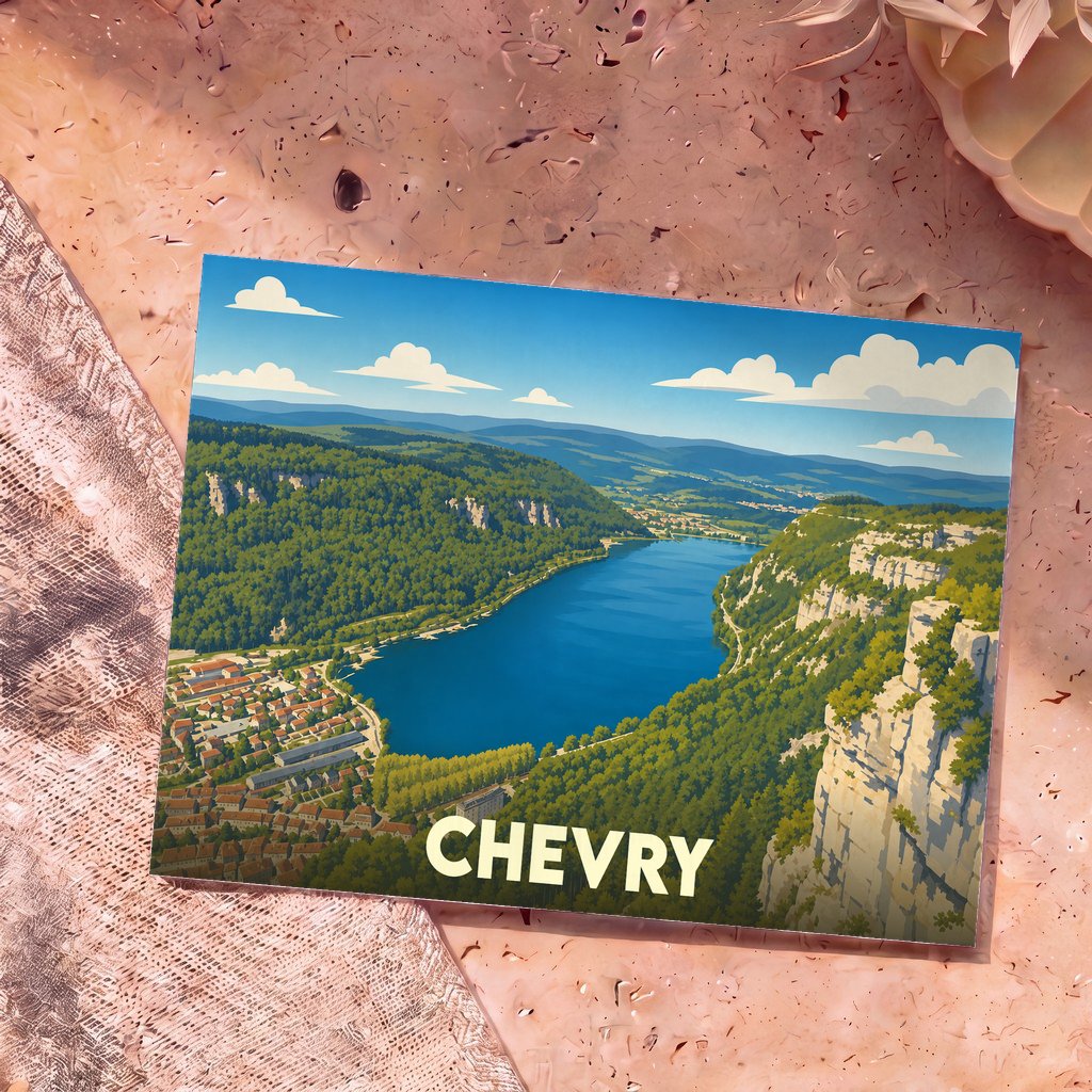 Carte postale souvenir de la ville de Chevry avec une illustration stylisée d'un lac entouré de falaises et de forêts.