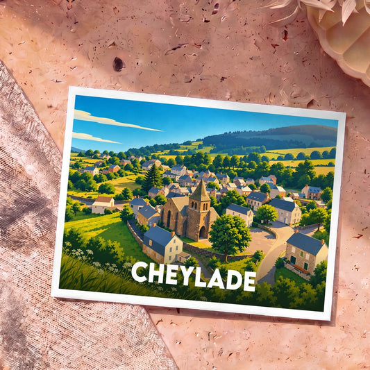 Carte postale souvenir de la ville de Cheylade avec une illustration stylisée et colorée du village.