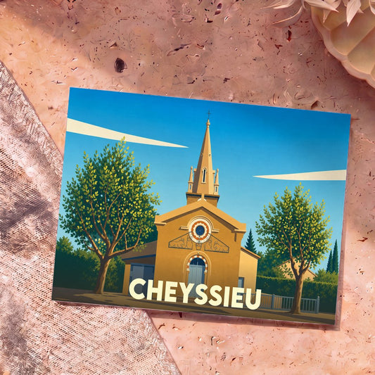 Carte postale souvenir de la ville de Cheyssieu illustrant son église dans un style graphique épuré.