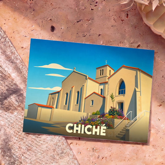 Carte postale souvenir de la ville de Chiché représentant son église dans un style graphique épuré et coloré.